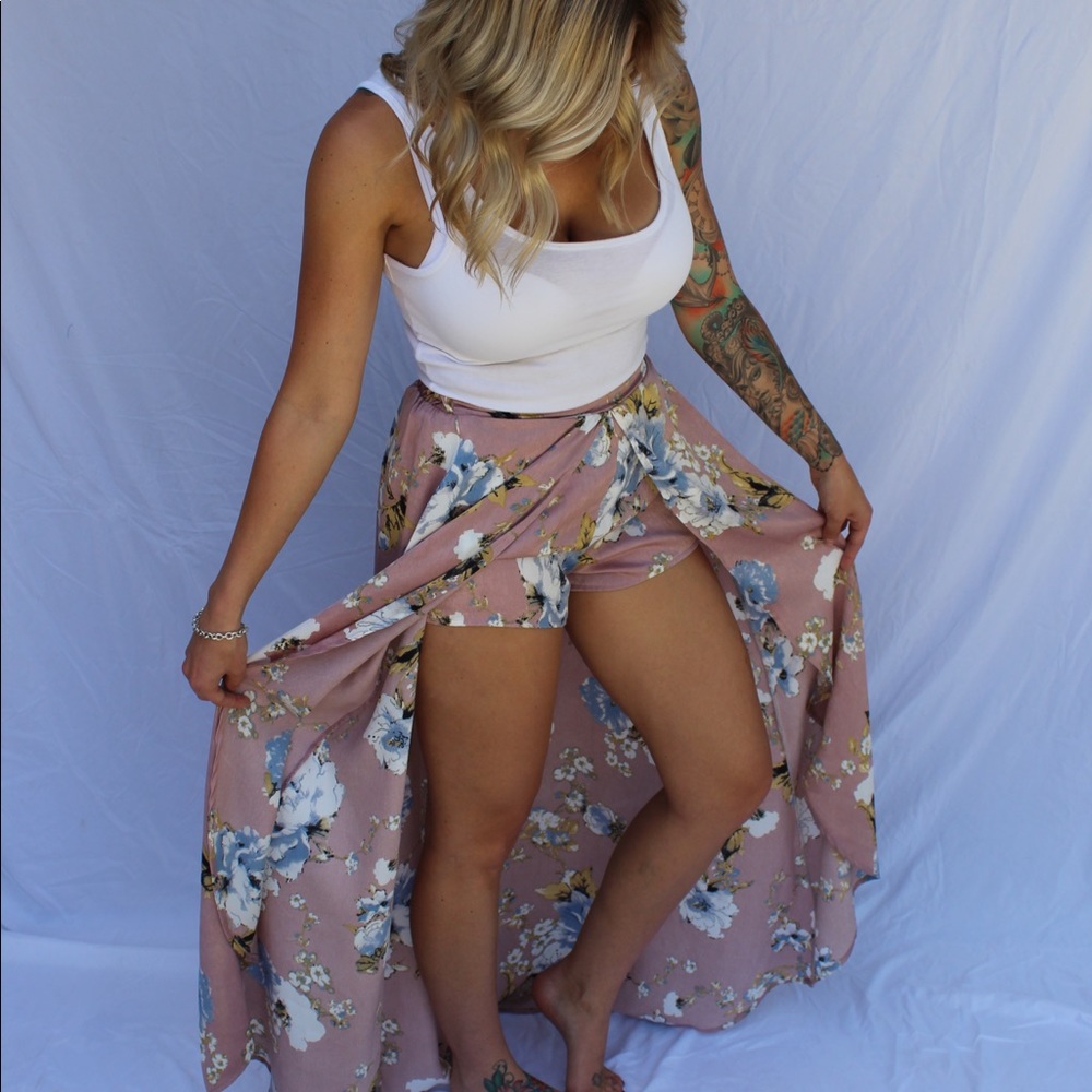 Maxi waterfall skirt over shorts